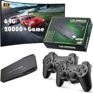 ZEIYOJON Wireless Retro Game Console, Retro Game Stick, Plug and Play Video Game Stick Built in 10000+ Games, 4K HDMI Output, with 2.4G Wireless 2 Controllers, 9 Classic Emulators(64G)