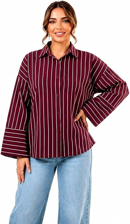 Womens Striped Poplin Shirt - Free Size - Casual Stylish Wide Sleeve