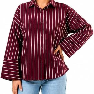 Womens Striped Poplin Shirt - Free Size - Casual Stylish Wide Sleeve