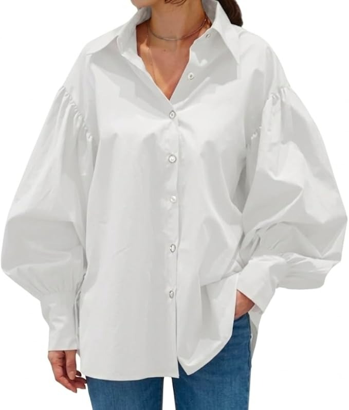 Women's White Cotton Loose Fit Loose Fit Button Down Shirt