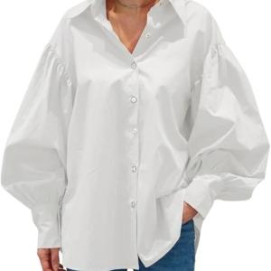 Women's White Cotton Loose Fit Loose Fit Button Down Shirt