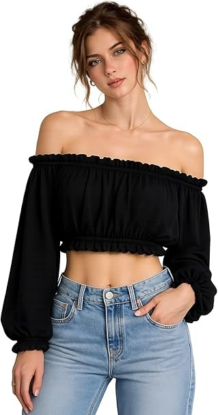A short, off-the-shoulder top in black, one size, made of soft, lightweight fabric with long sleeves and a stylish design. Perfect for the beach. Women's