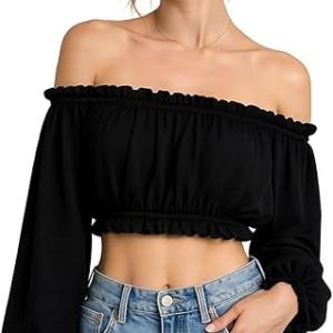 A short, off-the-shoulder top in black, one size, made of soft, lightweight fabric with long sleeves and a stylish design. Perfect for the beach. Women's