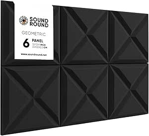 SoundRound Acoustic Foam Panels 12x12x1 Inch – Studio Soundproofing geomatric – Echo Control & Home Theater Treatment – High Density Panels (Dark Grey, 6 Panels)