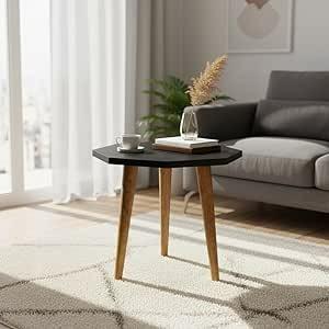 FendiHome Modern Octagonal Side Table - Minimalist End Table for Living Room & Bedroom - Coffee Table with Natural Solid Wood Legs - Geometric Accent Table for Office & Home Decor (Black) Brand: Generic