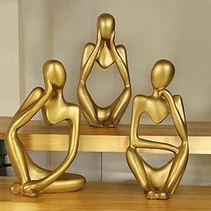 Thinker Men Statue Set of 3 Modern Art Showpiece Sculpture (Gold, 13 Cm X 6 Cm) Decoration Items for Home Decor Living Room Bedroom Bookshelf Table Office (Thinker Golden Resin)