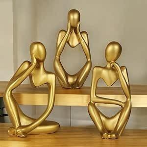 Thinker Men Statue Set of 3 Modern Art Showpiece Sculpture (Gold, 13 Cm X 6 Cm) Decoration Items for Home Decor Living Room Bedroom Bookshelf Table Office (Thinker Golden Resin)
