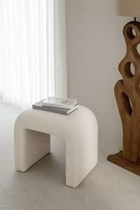 Elegant Curved Bench Pouffe, Cream White Poplin Upholstery, Modern Side Table for Home Decor