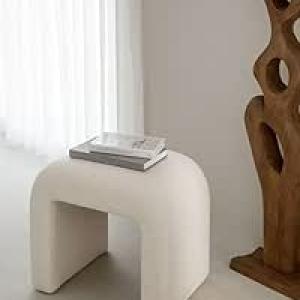 Elegant Curved Bench Pouffe, Cream White Poplin Upholstery, Modern Side Table for Home Decor