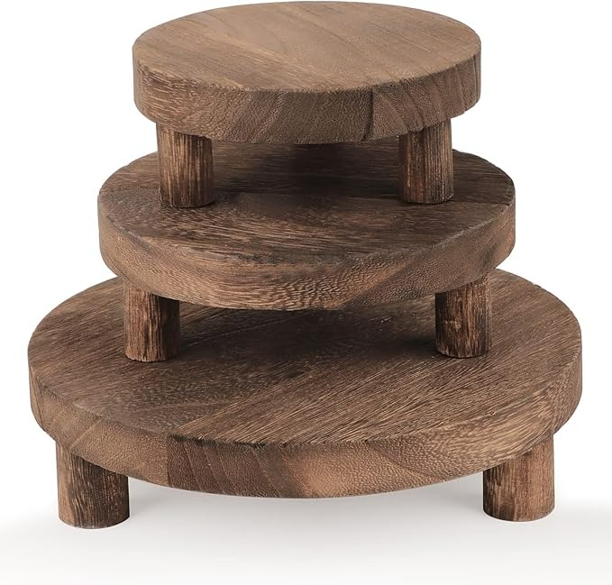 3PCS Wooden Display Riser, Round Stand, Wood Pedestal for Home Decor and Organizer (Rustic Brown, 8/6/5'')