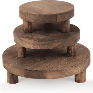 3PCS Wooden Display Riser, Round Stand, Wood Pedestal for Home Decor and Organizer (Rustic Brown, 8/6/5'')