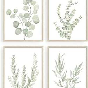 Howwii Botanical Boho Bathroom Decor Wall Art Prints, UNFRAMED Sage Green Plants Decor for Bedroom|Office, Minimalist Eucalyptus Leaves Watercolor Art Prints, Set of 4 Pictures, 8"x10" No Frames