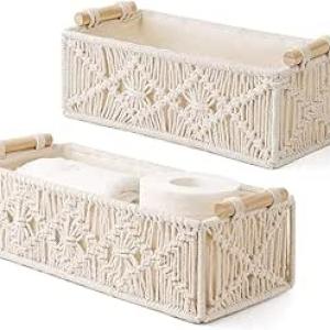 Mkono Macrame Storage Baskets Decor Box Handmade Woven Decorative Worktop Toilet Tank Shelf Cabinet Organiser Boho for Bedroom Children's Room Living Room Set of 2 Ivory