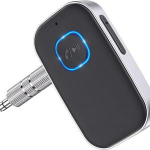 Bluetooth Receiver for Car, Noise Cancelling 3.5mm AUX Bluetooth Car Adapter, Wireless Audio Receiver for Home Stereo/Wired Headphones, Hands-Free Call, 16H Battery Life (Black+Silver)