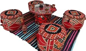 Sahara Set of 4 Cushions & 2m * 1.5m Kilim with Hexagonal Table - Stylish Home Decor Set (Red Poufs