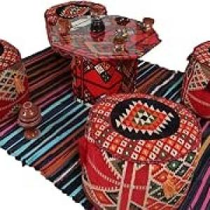 Sahara Set of 4 Cushions & 2m * 1.5m Kilim with Hexagonal Table - Stylish Home Decor Set (Red Poufs