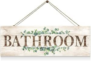 Creoate Bathroom Sign Wall Decor - Cute Plant Print Half Bath Wooden Hanging Plaque, Decorative, 4.7x13.7 Inch, Small