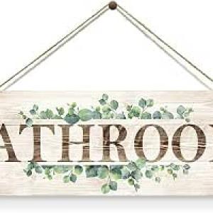 Creoate Bathroom Sign Wall Decor - Cute Plant Print Half Bath Wooden Hanging Plaque, Decorative, 4.7x13.7 Inch, Small